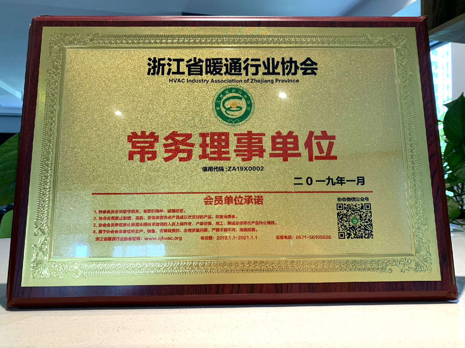 2019年日新环境 浙江省暖通行业协会常务理事单位