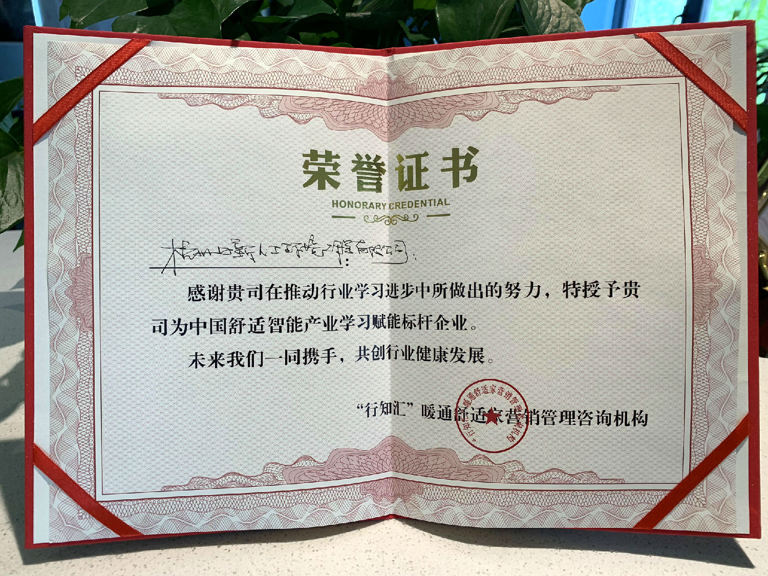 2019年日新环境荣获 中国舒适智能产业学习赋能标杆企业